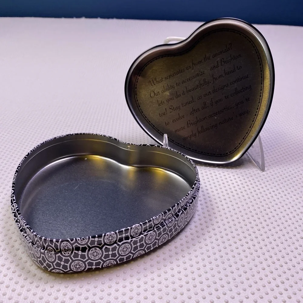 Brighton‎ Heart Shaped Metal Tin Box Black & White Jewelry Trinket Case With Lid